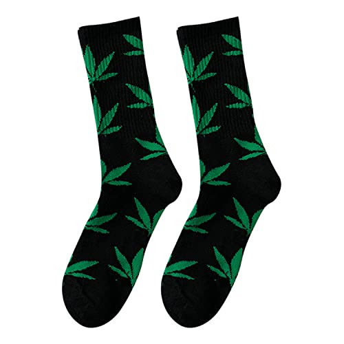 Weed Leaf Printed Cotton Tube Socks - One Size Black Green