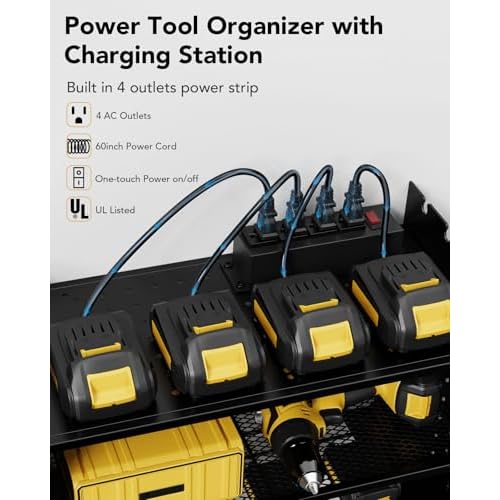 HOEMASY Power Tool Organizer Wall Mount, 3-Tier with 4 Outlet Charging Station | 100lbs Load Heavy Duty Garage Storage Rack for Drills, Batteries, Tools | Gift for Men, Dad, Workshop & Pegboard Black