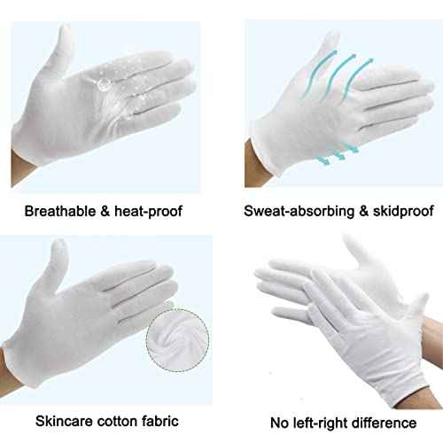 12Pairs White Cotton Gloves for Eczema and Dry Hands - Breathable Work Glove Liners - Moisturizing SPA Soft Jewelry Inspection Gloves - Stretchy Fit Cloth Gloves for Most Women
