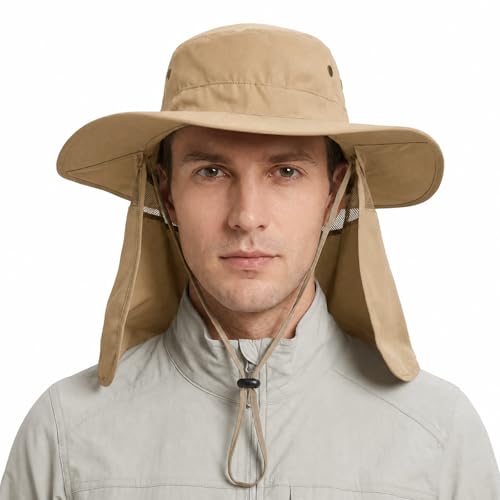 Wide Brim Sun Hat for Men & Women with Neck Flap - Khaki