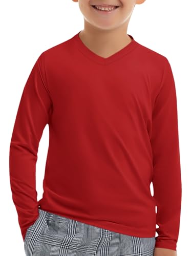 Boys Long Sleeve Athletic T-Shirt - Dry Fit V-Neck, Red, 7-8 Years