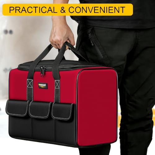Tool Bags for Men, 17inch Tool Bag Organizer with 6Pockets, Waterproof 600D Fabric Cloth, 16.9 x 11.8 x 9.8 inches, Red and Black, Double Zipper