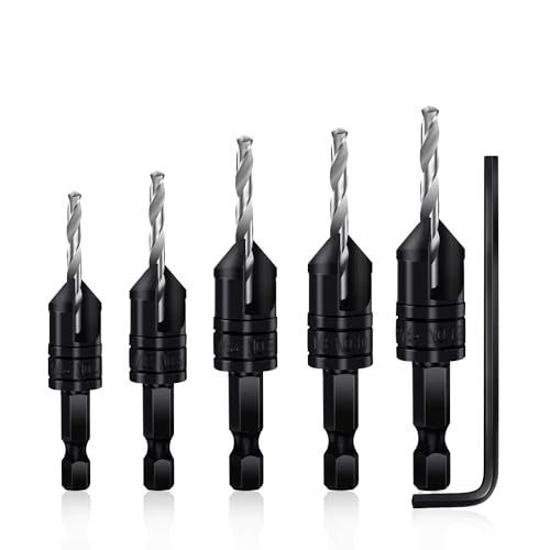 Countersink Drill Bit Set 5 pc,3in1 Woodworking Counterbore Hole Drill Bits,Tapered Countersink Bit,Depth Adjustable M2 Pilot Drill Bits, 82-Degree Chamfer, 1/4¡±Hex Shank