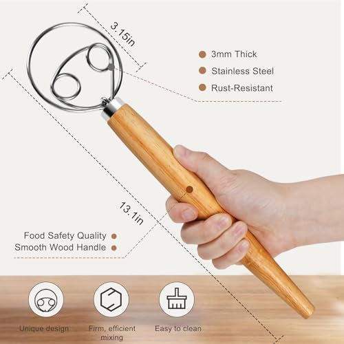 Danish Dough Whisk - 13-Inch Stainless Steel Mixer with Brush