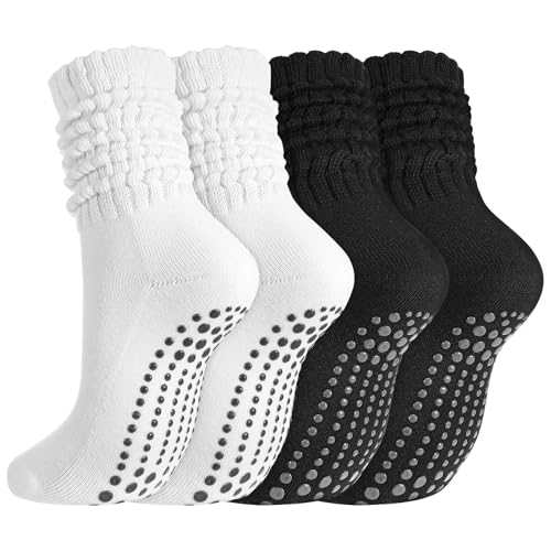 Non-Slip Slouch Pilates Socks with Grips - Black & White, Size 5.5-8