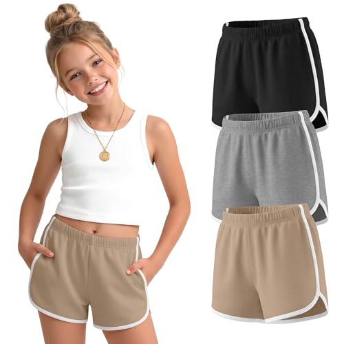 Girls Athletic Shorts - 3 Pack, Khaki + Light Heather Gray + Black, 11-12 Years