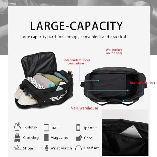 HEAD 45L Waterproof Gym Duffle Bag with Shoe & Wet Pocket - Black