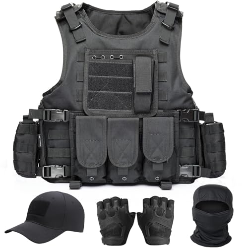 Tactical Airsoft Vest Set with Cap, Gloves, & Balaclava - Black