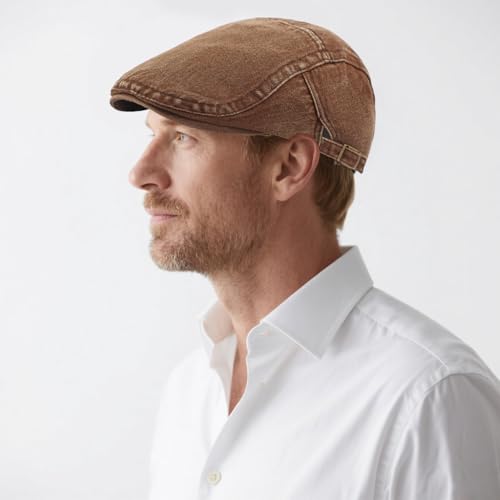 PTDTSHOU Coffee Brown Navy Denim Newsboy Cap for Men Adjustable Flat Ivy Gatsby Hat