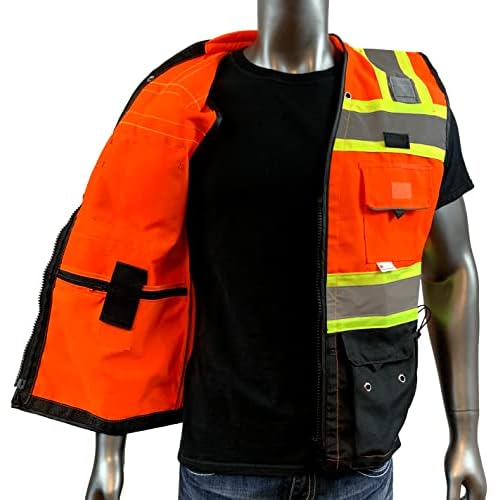 C Vest for Mens Safety Vest With Zipper and Utility Pockets Premium Black Series Surveyors Vest (Large, Orange/Black)