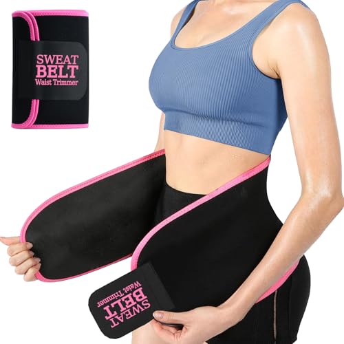 Waist Trainer Trimmer Sweat Belt for Women & Men - Medium Black/Pink