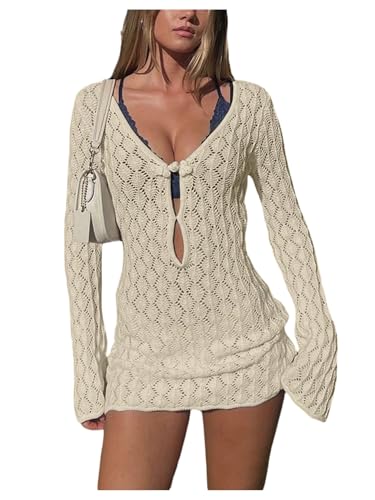 MakeMeChic Women's Beach Cover Up Crochet Mini Dress Small Apricot