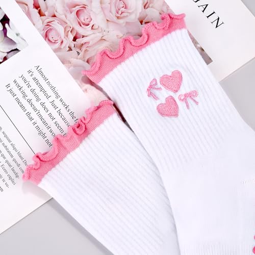 Yoga Grip Socks for Women - Cute Embroidery Pattern, Pink Ruffles