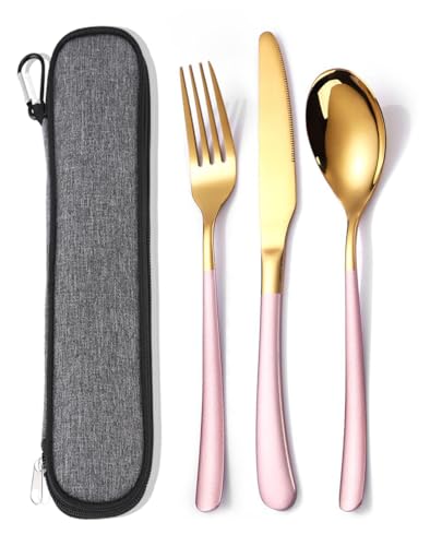 MURRI&MURRDI Travel Stainless Steel Flatware Set 3-Piece Pink Gold Case