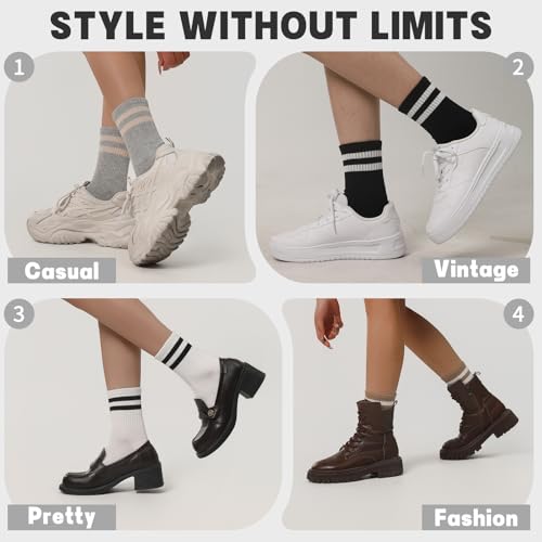 Women's Striped Cotton Crew Socks - 6-Pair Set - White, Beige, Black, Grey, Brown, Coffee