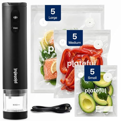 Plateful Handheld Vacuum Sealer with 15 Bags - Cordless Food Saver Kit