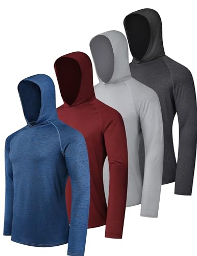 OYGSieg 4 Pack Men's UPF50+ Sun Hoodies & Fishing Rash Guards - Large, Black/Blue/Grey/Red