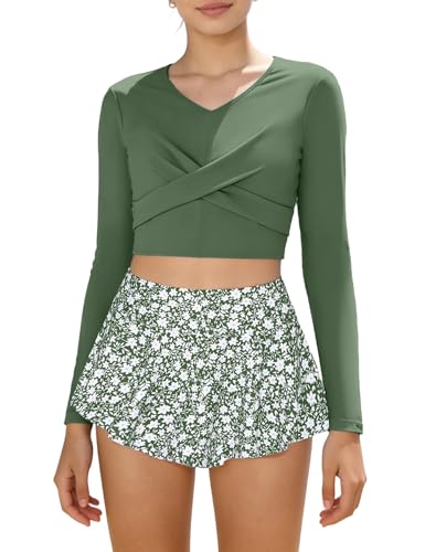 Girls Long Sleeve Rash Guard Swimsuit - Green-Petal, 7-8 Years