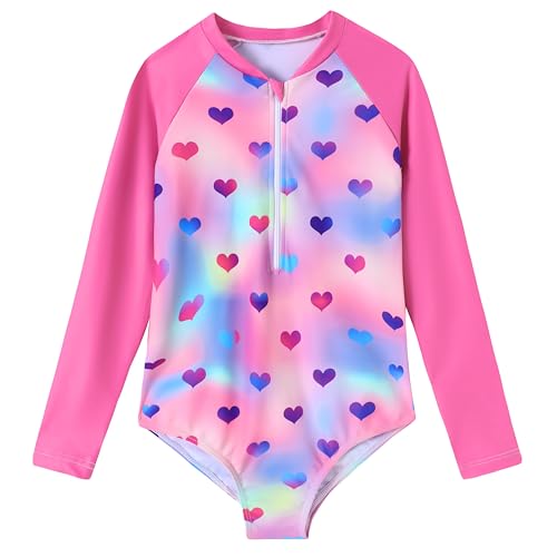 Girls Long Sleeve Rash Guard Swimsuit - Zipper One Piece, 5-6 Years Heart