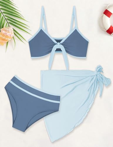Girls 3PCS Swimsuit Bikini Set with Cover-Up Skirt - Dark Blue, 7-8 Years