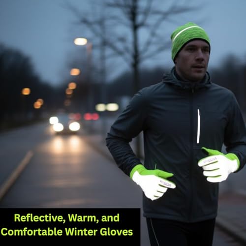 ReflecToes Yellow Large Reflective Winter Running Gloves Men - Hi Vis Neon Traffic Gloves