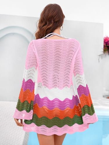Crochet Swimsuit Cover Up - Long Sleeve Pink, Small