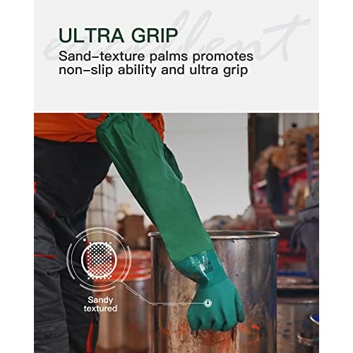 Pacific PPE Oil Resistant Gloves 26 Inch Reusable PVC Coated Work Gloves,Fishery, Machinery, Chemical Industrial Gloves with Cotton Liner,Heavy Duty Chemical Resistant Gloves, Non-slip(Green,L)