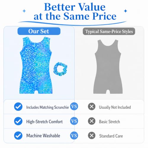 Blue Leopard Print Gymnastics Leotard for Girls + Hair Scrunchie - 4-5T