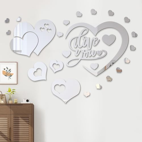 25 PCS Mirror Wall Decor, Acrylic Removable Heart Shape Mirror Stickers, DIY Self-Adhesive Wall Decor for Home Living Room Bedroom Bathroom Kitchen Sofa TV Background Decoration(Silver)