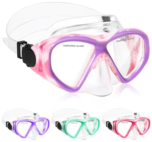 ACQCES Kids Swim Goggles Snorkel Mask 5-15, Anti-Fog, Pink Purple