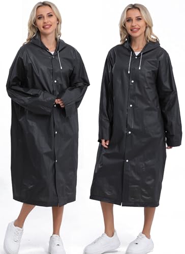 Reusable Rain Ponchos for Adults - 2-Pack Black Raincoats with Drawstring and Sleeves