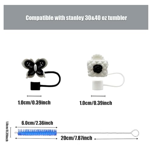 10mm Black & White Straw Cover Caps - 6 Pcs with Flower Design