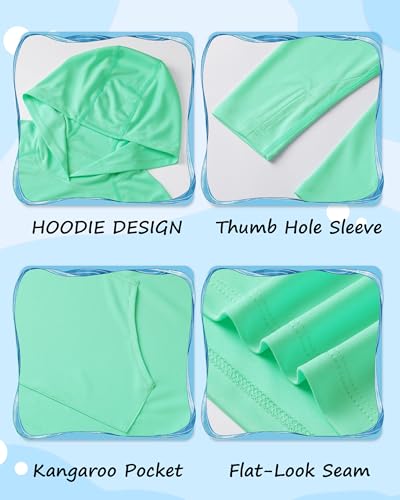 Boys Rash Guard Hoodie - UPF 50+ Long Sleeve Swim Shirt, Medium Seaweed Green