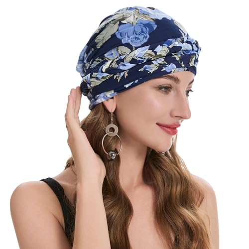 ZLYC Women's Pre-Tied Braid Floral Navy Lightweight Chemo Headwear Turban