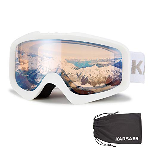 Karsaer Matte White Frame Orange Lens Ski Goggles OTG Anti-Fog UV Protection VLT 60%