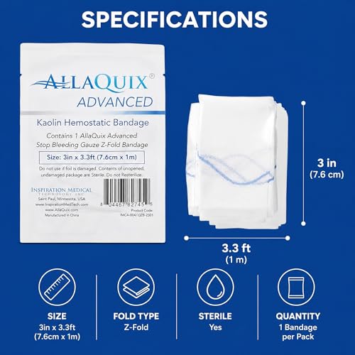 AllaQuix Kaolin Hemostatic Gauze 3in x 3.3ft, Quick Clotting Wound Dressing, 1 Pack