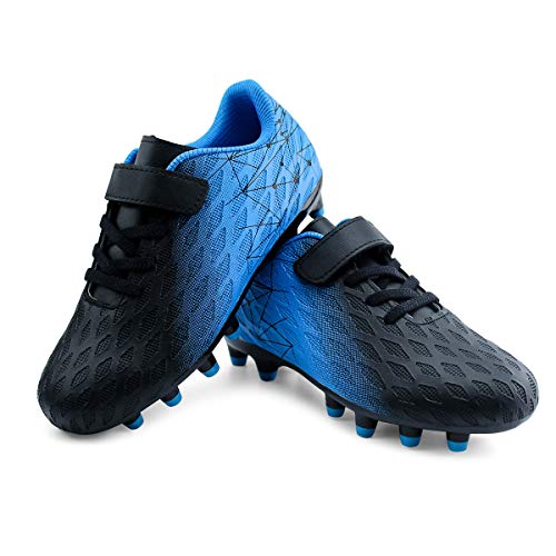 Kids Soccer Cleats Firm Ground Boys Girls Athletic Outdoor Football Shoes - 13 Little Kid, Black Blue