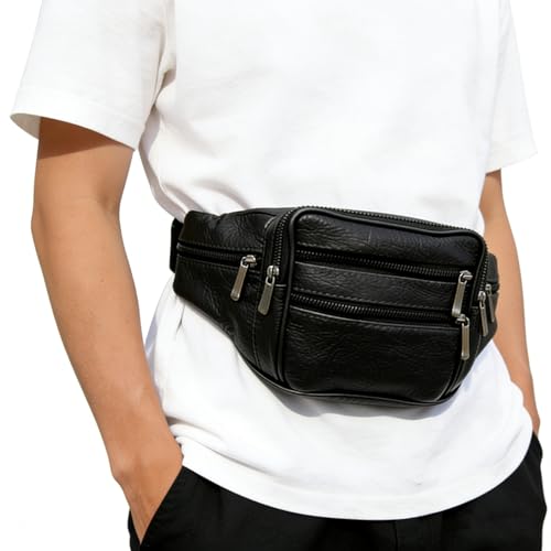 Black Genuine Cowhide Leather Fanny Pack with 7 Pockets & Adjustable Waist Strap