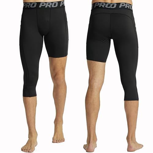 KAHEYQI 2 Pack Men's Compression Tights for Basketball, 3/4 Length Leg Pants, Black/White, Large