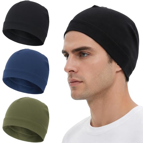100% Cotton Skull Caps Beanie Sleeping Hats - 3 Pieces Black, Green, Navy