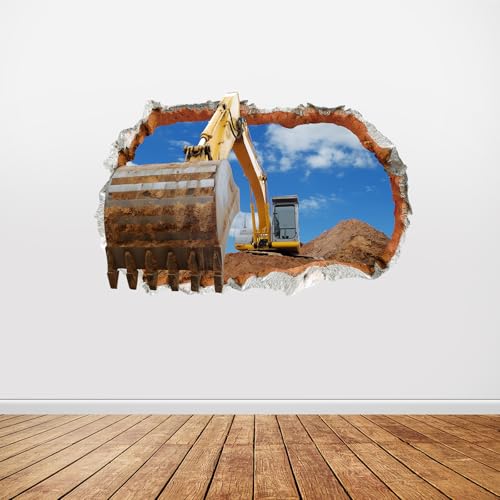 iinuu 3D Excavator Wall Decal, Construction Truck Crashing Through Wall Sticker for Boys¡¯ Room, Nursery or Playroom, Smashed Concrete Effect Wall Art