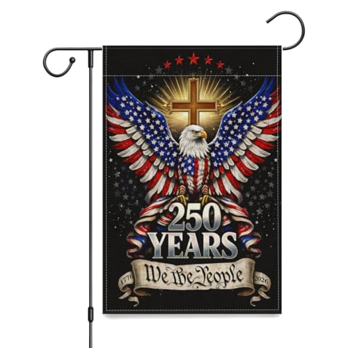 250th Anniversary Garden Flag - Double-Sided Patriotic Eagle & Cross Design - We the People, 18"L x 12"W