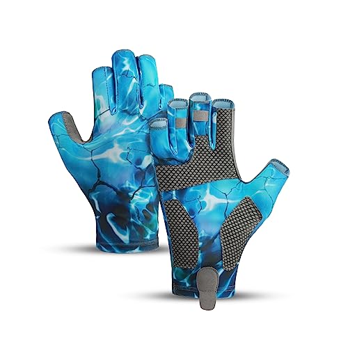 Fishing Gloves - UV Protection Fingerless Gloves for Kayaking, Paddling & More - Blue, Medium