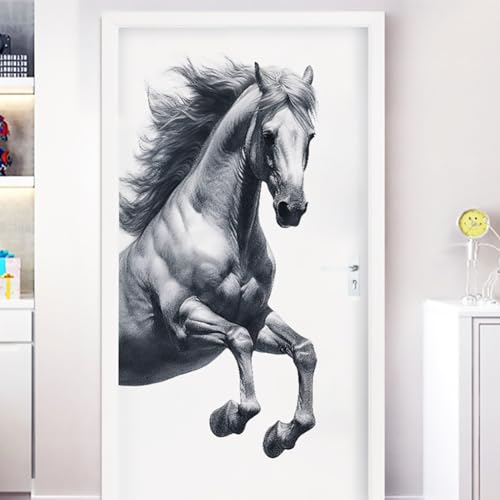 Removable Horse Wall Decals Hand Painted Retro Gray Jumping Horse Door Stickers Peel and Stick Wall Art Murals Home Decor