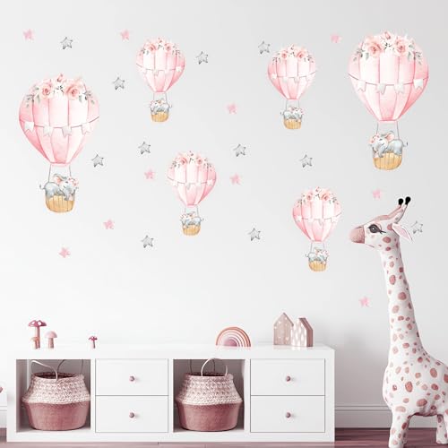 6 Pink Hot Air Balloons Sleeping Baby Elephants Stars Wall Stickers, sacinora Cute Art Wall Decals Removable Vinyl Peel and Stick for Kids Baby Girl Nursery Bedroom Toddler Room Decorations