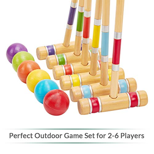 Six Player Croquet Set - 28 Inch Wooden Mallets, Balls & Carry Bag