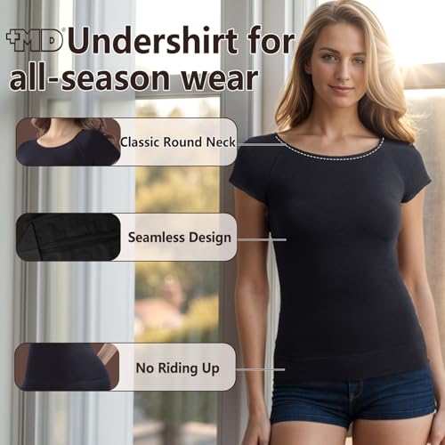 +MD Women's Seamless Short Sleeve Undershirt Black Small - Light Compression Tummy Control Tank