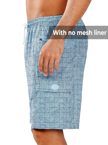 NORTHYARD 9 Inch Quick-Dry Mens Swim Trunks Blue Contourlines with Zipper Pocket (Large)