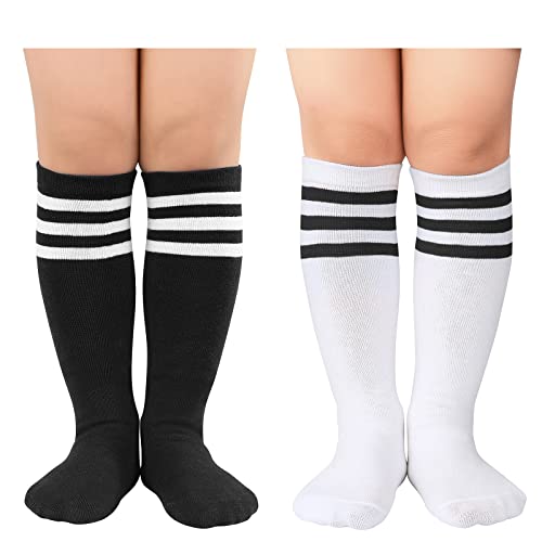 Knee High Soccer Socks for Toddler Kids - 2 Pack Black & White