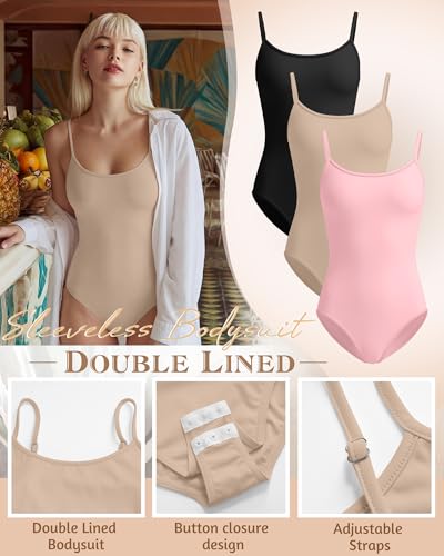 Women's Cami Bodysuits 3 Pack - Camel, Pink, Black - Large